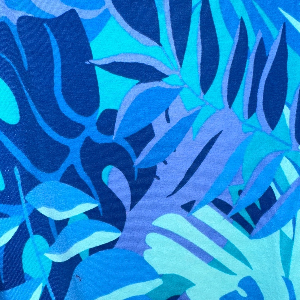 Chico’s Size 3 Blue Green Tropical Leaf Print Short Sleeve Shift Dress - Picture 11 of 13
